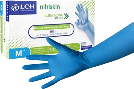 Nitriskin Nitril-Untersuchungshandschuhe, blau, puderfrei, unsteril – mit extra langer Stulpe (Schachtel mit 50 Stück) 