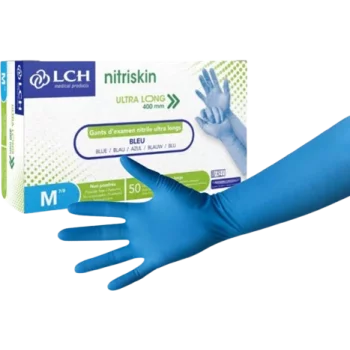 Nitriskin Nitril-Untersuchungshandschuhe, blau, puderfrei, unsteril – mit extra langer Stulpe (Schachtel mit 50 Stück) 