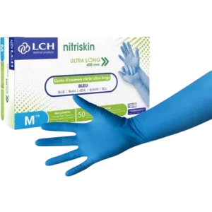 Nitriskin Nitril-Untersuchungshandschuhe, blau, puderfrei, unsteril – mit extra langer Stulpe (Schachtel mit 50 Stück) 